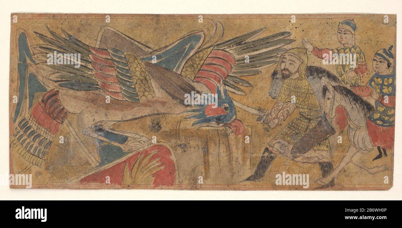 Iskander incontrò vogel il cavaliere corazzato che combatteva un grosso uccello piumato blu e rosso; dietro al cavaliere altri due krijgers. Produttore : artista: Anonymous place manufacturing: Perzië Dating: 1400 - 1500 caratteristiche Fisiche: Pennello a colori, nero e bianco: Carta Tecnica: Pennello formato: Foglio: H 104 mm × W 226 mm Foto Stock