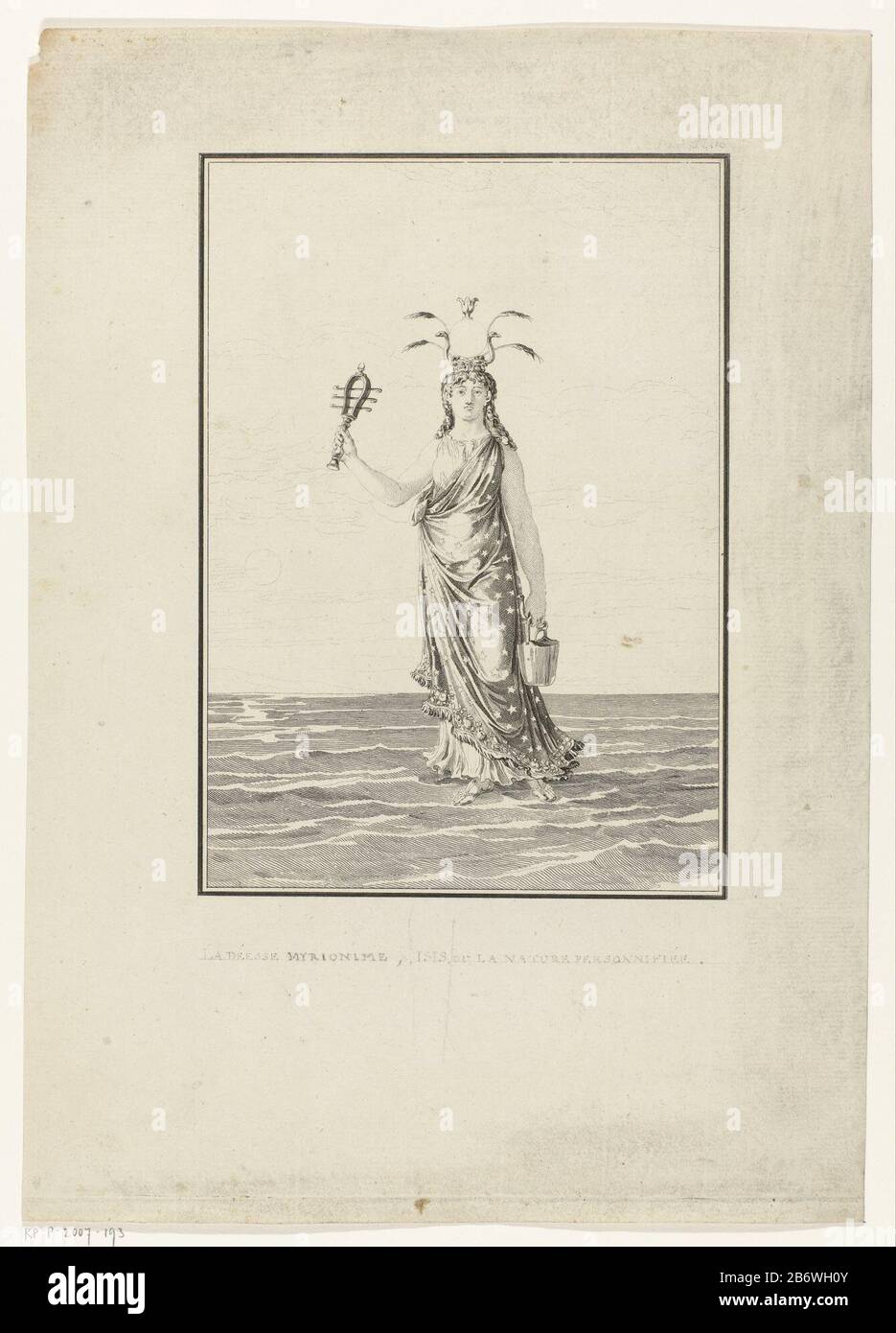 Dea degli attributi, in piedi sulle onde. Prova con firma in penna. Produttore : stampatore Jean Baptiste Blaise Simonet alla progettazione: Jean Michel Moreau Editore: Fournier luogo di fabbricazione: Parigi Data: Caratteristiche o 1792 Fisico: Incisione ed engra; materiale di prova: Tecnica della carta: Engra (processo di stampa) / dimensioni di incisione: Foglio: H 320 mm (bordo interno della piastra di taglio.) × W 226 mm (bordo Interno della piastra di taglio.) Note Prova di stampa: Delaulnaye, François-Henri-Stanislas. Histoire générale et private-et des religions du cult (...). Parigi: J. B. Fournier le jeune, 1791. Oggetto: Isis, Foto Stock