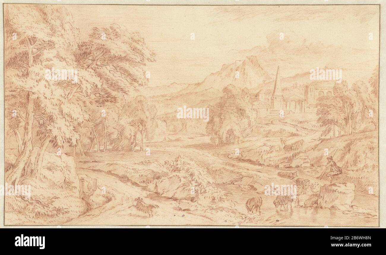 Italiaans landschap met een schaapherder bij een voorde paesaggio italiano con rovine classiche e un pastore con una voorde. Caratteristiche fisiche: Gesso rosso; linee di cornice in inchiostro marrone Materiale: Carta gesso dimensioni: H 172 mm × W 291 mm Oggetto: Herding, herdsman, herdswoman, pastore, pastorella, cowherd, etc.landscape gelding with Foto Stock