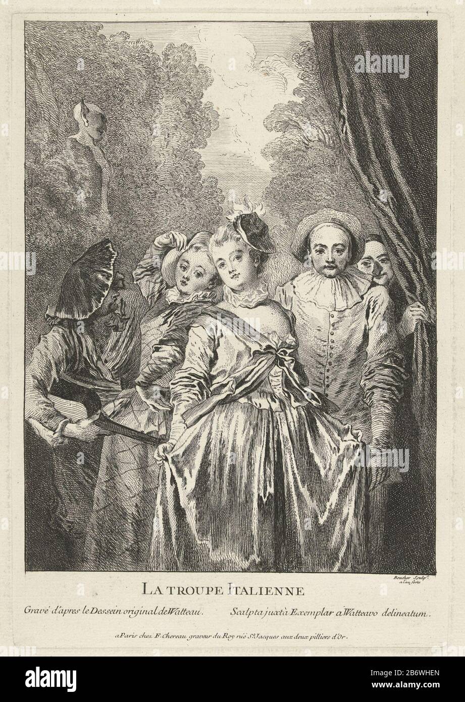 Italiaans toneelgezelschap la troupe Italienne (titel op object) un gruppo di cinque attori, due donne e tre uomini in abiti della Commedia dell'Arte, in piedi su un palco. Destra una tenda sullo sfondo uno sfondo di alberi e busto un sater. Produttore : stampatore: François Boucher (proprietà in elenco) da stampare da Jean Antoine Watteau (edificio in elenco) editore: François Chéreau (II) (elencato in oggetto) Luogo produzione: Print maker: Francia Editore: Parigi Data: 1726 - 1727 caratteristiche Fisiche: Acquaforte materiale: Carta Tecnica: Acquaforte dimensioni: Bordo della piastra: H 324 mm × L 222 mm Soggetto Foto Stock