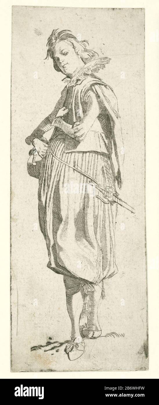 Italiaanse edelman Italijans Eedel man (titel op object) Edellieden uit verschillende landen (seriettel) nobile italiano in abito con colletto in pizzo, giacca con maniche decorative e ampie braghe in ginocchio, garters con archi. Prova per il primo stato, prima dell'immissione del titolo. 4 di una serie di sette kostuumprenten. Produttore : Tipografia Willem Pietersz. Buytewechnaar proprio design: Willem Pietersz. Buytewechuitgever: Dirk Eversen LonsPlaats manufacture: The Netherlands Data: 1615 caratteristiche Fisiche: Pressione di prova per l'incisione materiale: Carta Tecnica: Incisione dimensioni: Foto Stock