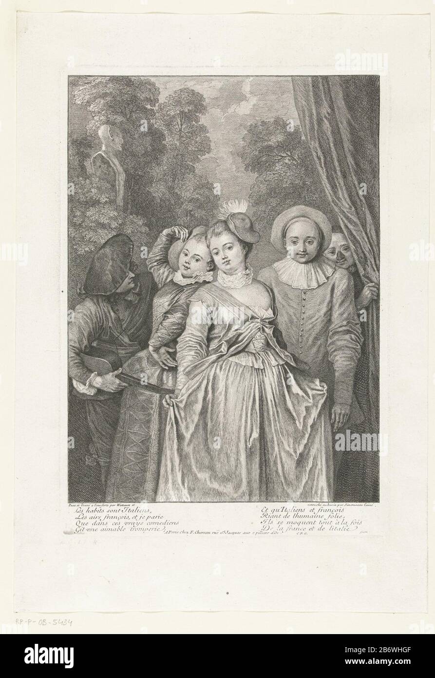 Italiaans toneelgezelschap la troupe Italienne Italian toneelgezelschapla troupe Italienne Tipo Di Proprietà: Picture numero articolo: RP-P-OB-5434Catalogusreferentie: Robert-Dumesnil 8-2 (3) Nota: Deve essere 5 (6) Descrizione: Un gruppo di cinque attori, due donne e tre uomini in abiti della Commedia dell'Arte, in piedi su un palcoscenico. Destra una tenda sullo sfondo uno sfondo di alberi e un busto di un satiro. Tra gli spettacoli una poesia achtregelig in Frans. Produttore : printmaker Jean Antoine Watteau (listed building) printmaker Charles Louis Simonneau (listed building) editor: François Chéreau (i) (listed Foto Stock