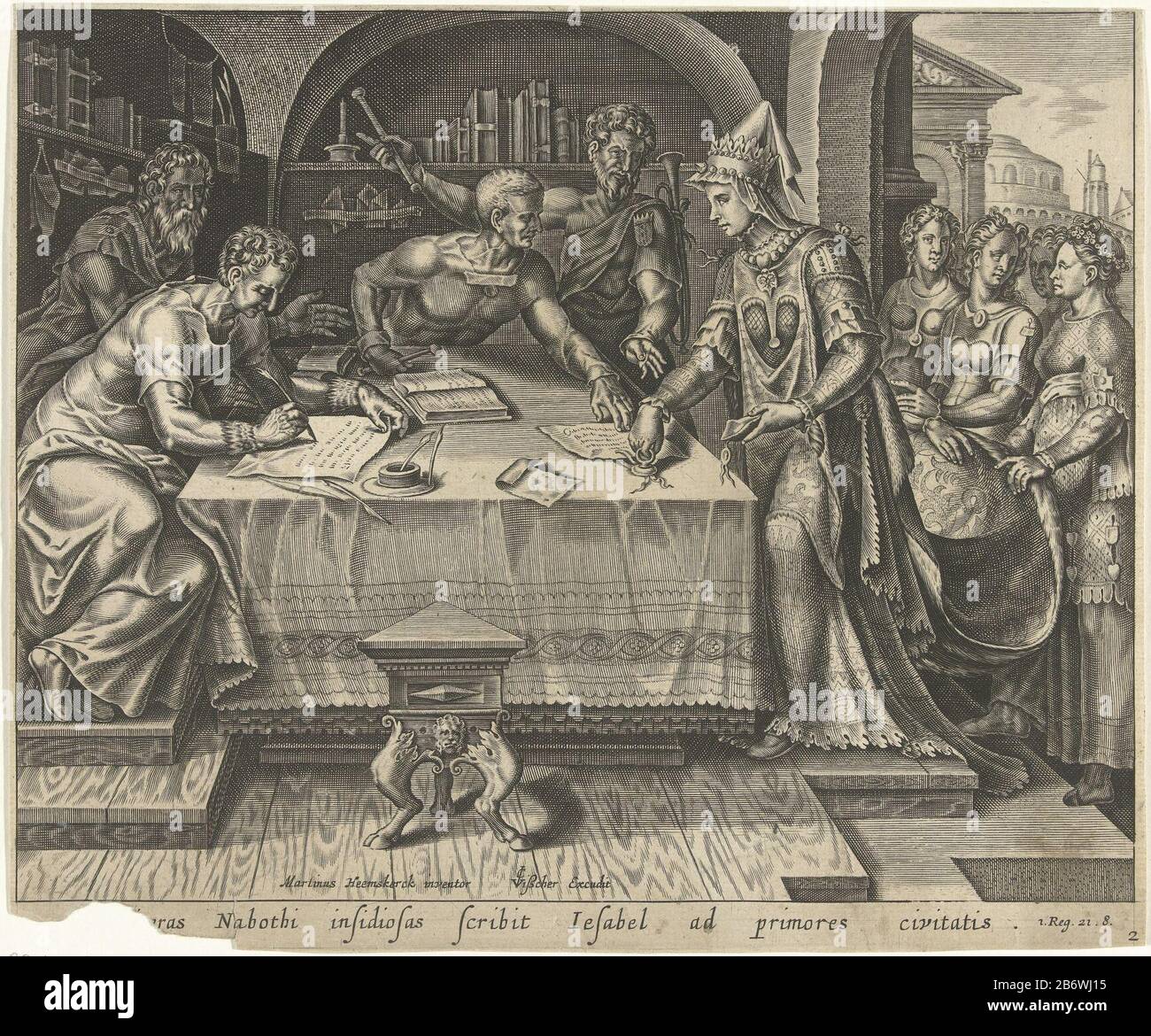 Izebel laat brieven naar de oudsten en aanzienlijksten sturen Geschiedenis van Achab en Nabot (seriettel) la regina Jezebel invia a nome del re Acab lettere agli anziani e nobili della città di Nabotss. Chiede loro di annunciare un giorno di digiuno, accusando Naboth di blasfemia e tradimento e gli ha lapidato. Gli scrittori si siedono e scrivono le lettere. Jezebel mise il sigillo reale sotto le lettere. Tra lo spettacolo un versetto nel Latijn. Produttore : da stampare da Philips Gall Print autore: Anonimo, progettato da Maarten van Heemskerck (edificio elencato) editore Claes Jansz. Visscher (II) (edificio elencato Foto Stock