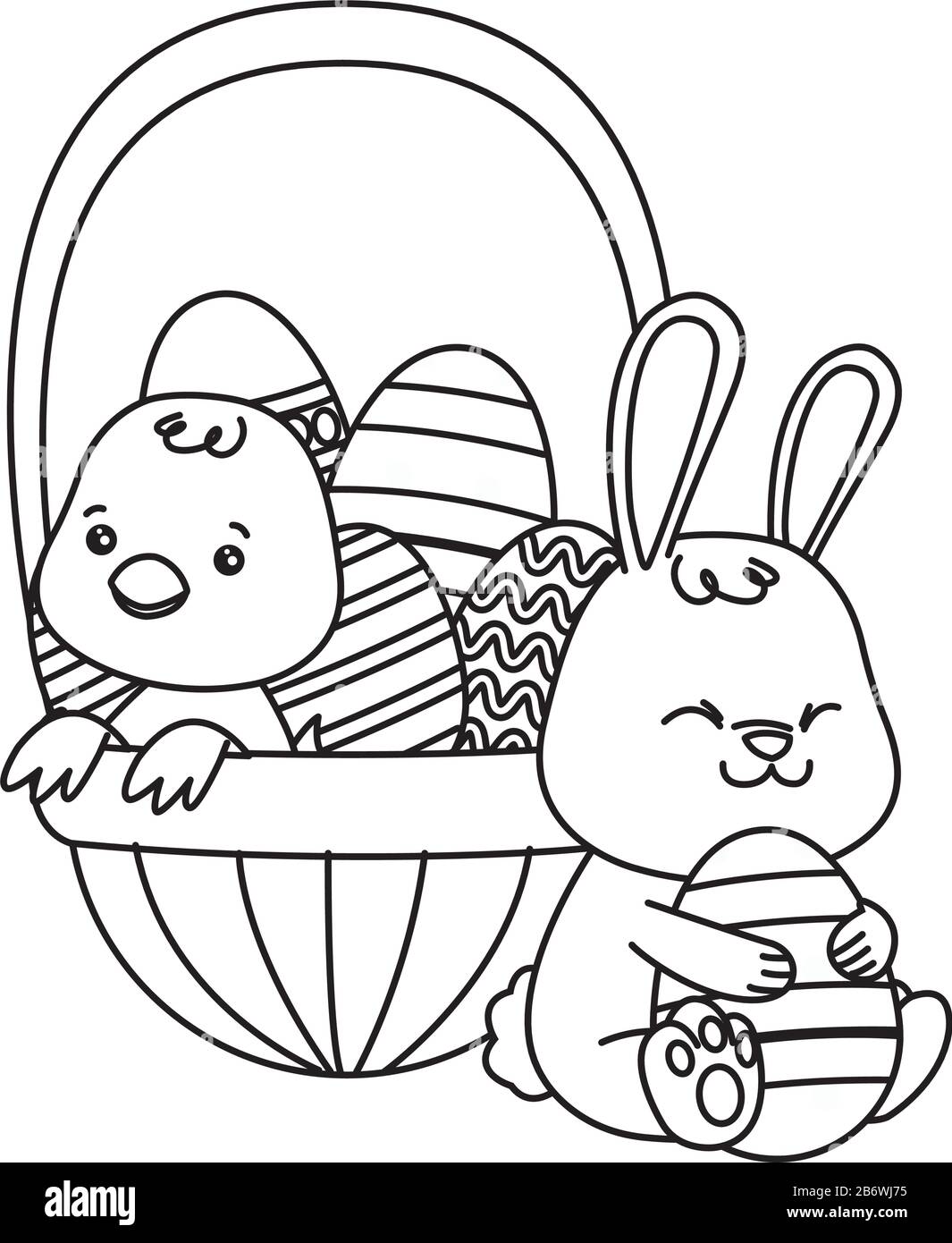piccolo coniglio e pulcino con uova dipinte nel cesto Illustrazione Vettoriale