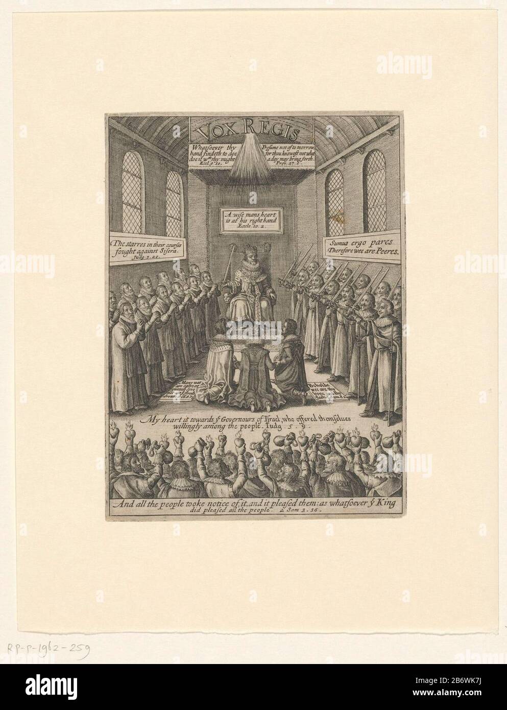 Jacobus i op de troon in het parlement, ca 1613-1624 Vox Regis (titel op object) il re inglese James i al trono in parlamento, ca. 1613-1624. Per lui inginocchiò suo figlio Carlo e sua figlia Elisabetta e suo marito Federico V del Palatinato. Con iscrizioni e testi biblici in Engels. Produttore : stampatore: Anonymous location manufacturing: England (possible) Data: 1623 - 1624 caratteristiche Fisiche: Engra materiale: Carta Tecnica: Engra (processo di stampa) Misure: Bordo della lastra: H 165 mm × W 122 mmToelichtingGebruikt come frontispiece in: Thomas Scott, Vox regis o il Foto Stock