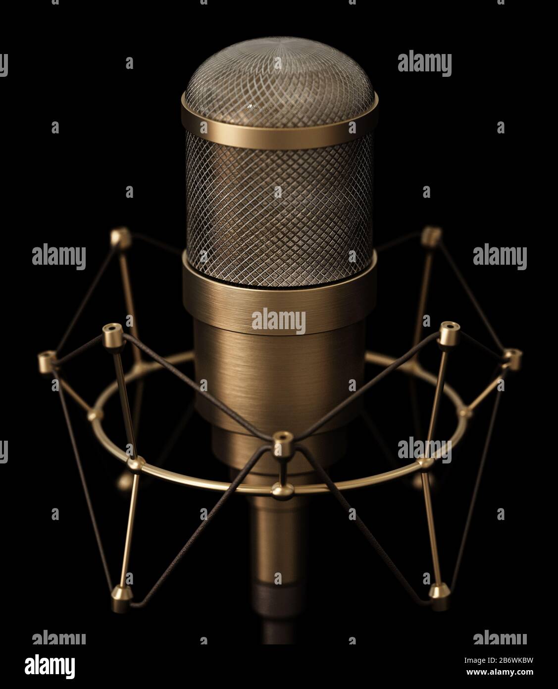 Microfono in ottone vintage isolato su sfondo nero. Figura 3D. Foto Stock