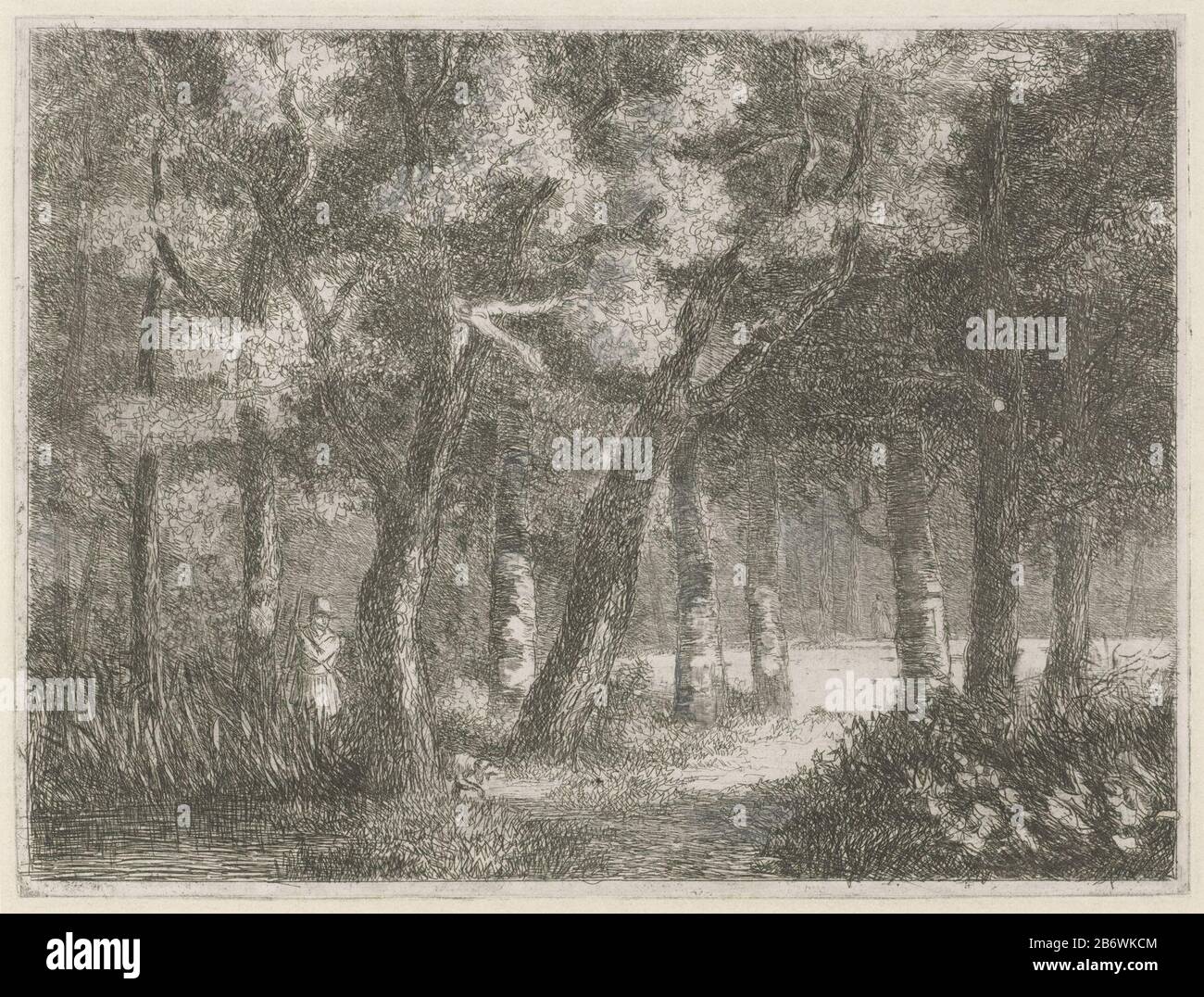 Jager en zijn hond in het bos Hunter e il suo cane in oggetto bos tipo : immagine numero articolo: RP-P-1893-A-17 999-XCatalogusreferentie: Hippert & Linnig 55-1 (2) Nota: 1 (3) tre stati rappresentati nella collezione della stampa etichettatura / marchio: Collector's mark, vero, stampato: Lugt 2228 Produttore : Incisore Hermanus Jan Hendrik van Bountiful Huys Luogo fabbricazione: Utrecht Data: 1823 - 1883 caratteristiche Fisiche: Incisione e matita su collé di chine Materiale: Carta collé matita Tecnica: Incisione dimensioni: Bordo della piastra: H 205 mm b × 274 mm Oggetto: Hunterdogforest, approvvigionamento del legno e Foto Stock