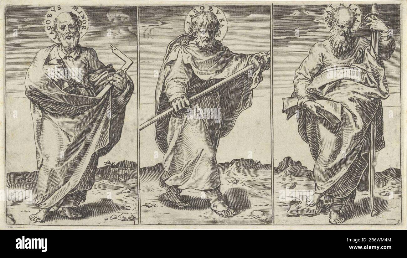 Jakobus de Mindere, Jakobus de Meerdere en Mattias Christus, Maria, Johannes de Doper en de apostelen (seriettel) Leaf con tre esecuzioni degli apostoli Giacomo Meno con libro e falegname, Giacomo Maggiore con uno staff e Mattias, successore di Giuda Iscariot, con un pesante: D. Produttore : stampatore: Agostino Carracciuitgever: Orazio BertelliPlats fabbricazione: Stampatore: Italia Editore: Venezia Data: 1583 caratteristiche Fisiche: Materiale dell'automobile: Tecnica della carta: Engra (processo di stampa) Misure Af: Bordo della lastra: H 108 mm × W 192 mm Soggetto: L'apostolo e martire Matthias; poss Foto Stock