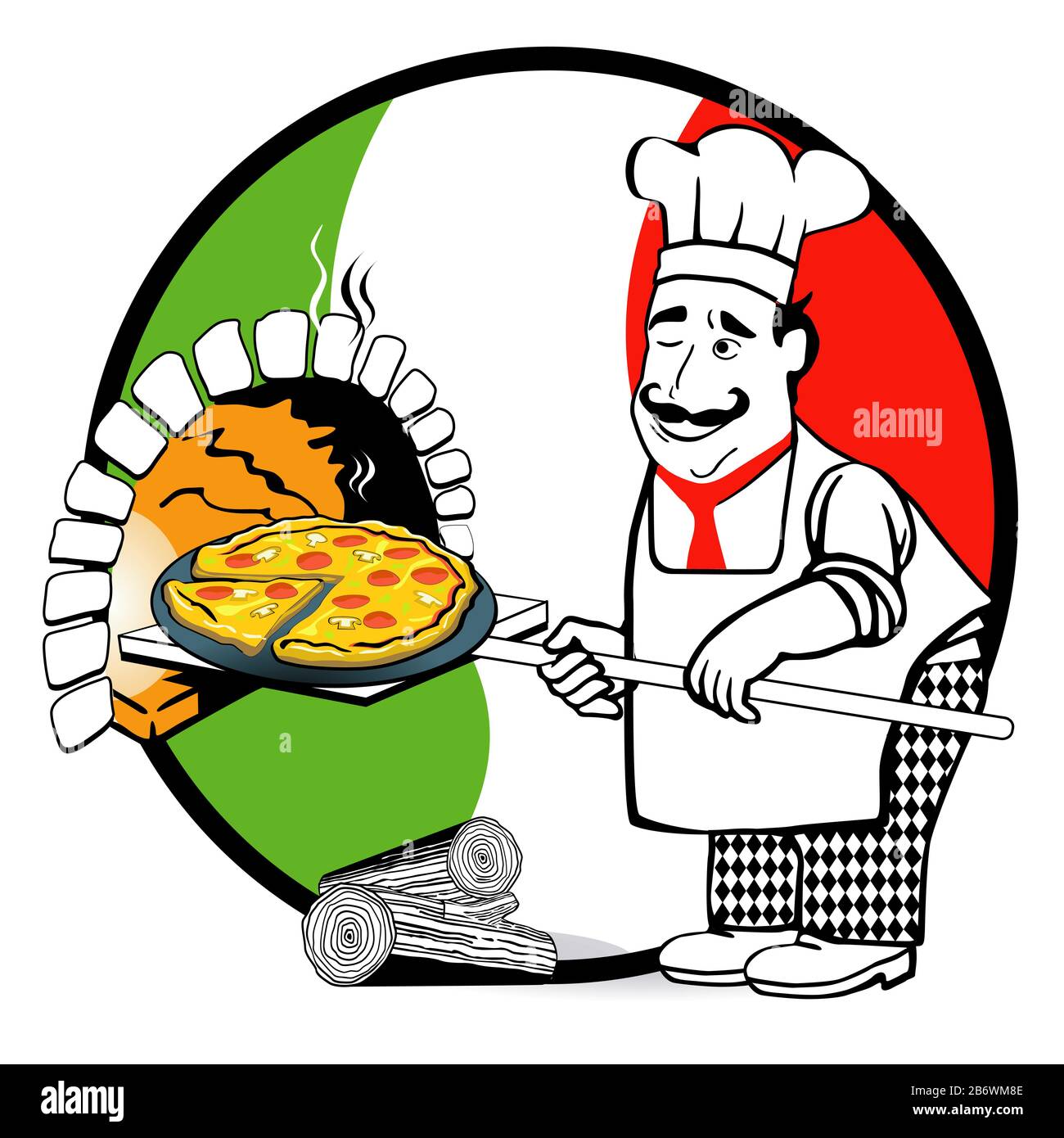 cuoco divertente o panettiere con pizza - illustrazione vettoriale Foto Stock