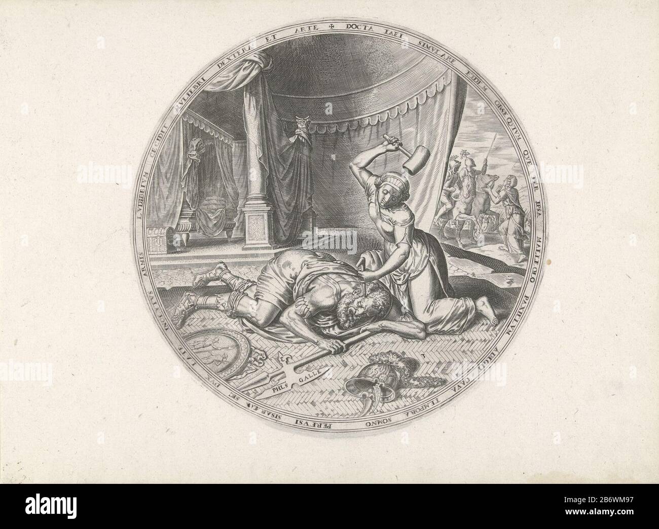 Jael uccidendo Sisera dormendo che ha cercato rifugio nella sua tenda. Con un martello immagazzina loro una spina della tenda trasversalmente attraverso la testa. Attraverso l'apertura della tenda per vedere come Jael Barak notizie della morte di Sisera. Produttore : printmaker: Philip Galle (edificio elencato) editore: Philip Galle (possibile) Luogo produzione: Haarlem Dating: CA. 1569 caratteristiche Fisiche: Materiale auto: Carta Tecnica: Engra (processo di stampa) dimensioni: Bordo lastra: D 240 mm Oggetto: Jael uccide il Sisera dormiente colpendo il chiodo attraverso la sua caserma del tempio arriva alla tenda di Jael; lo mostra il corpo di Sisera e. Foto Stock