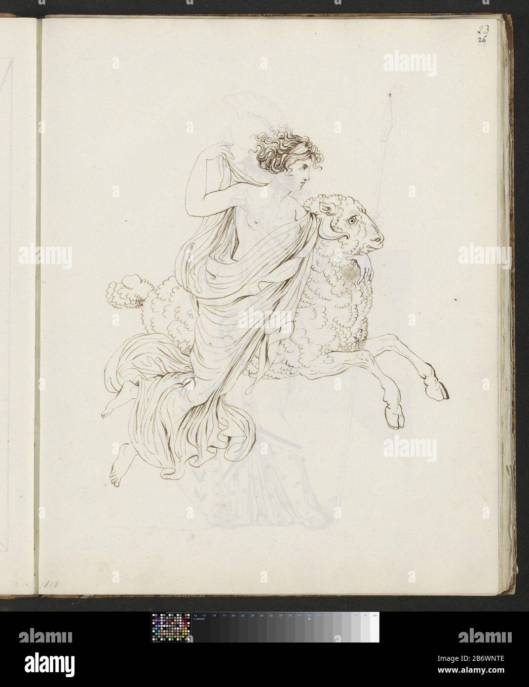 Jason op de vliegende RAM Blad 26 recto uit een schetsboek met 94 bladen. Produttore : disegnatore: Jonkvrouw Elisabeth Kemper datazione: 1818 kenmerken Fisico: Potlood en pen in bruin Materiale: Papier potlood inkt Techniek: Oggetto penna: Scene dalla storia degli Argonauti che non possono essere localizzati nel sequenceram cronologico Foto Stock