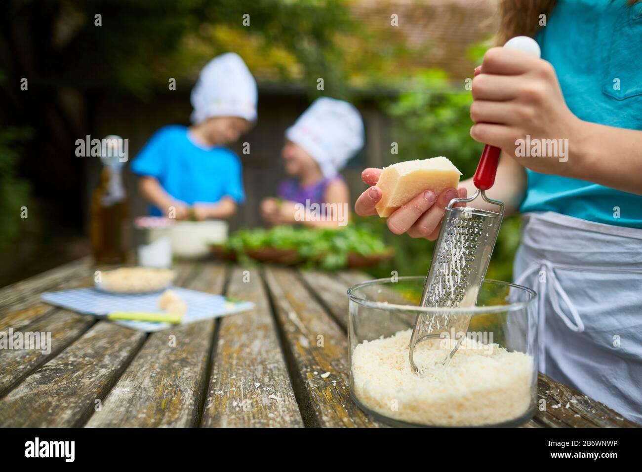 Bambini che indagano cibo. Serie: Produzione di pesto, quindi formaggio grattugiato. Imparare secondo il principio della Pedagogia di Reggio, comprensione e scoperta giocose. Germania. Foto Stock