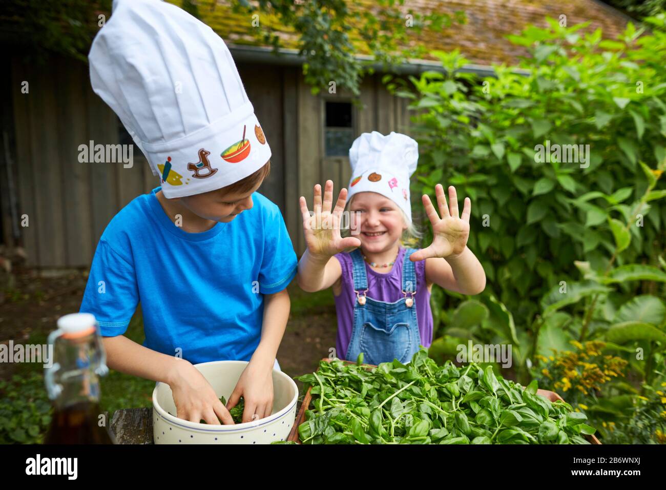 Bambini che indagano cibo. Serie: Paesaggi. Imparare secondo il principio della Pedagogia di Reggio, comprensione e scoperta giocose. Germania. Foto Stock