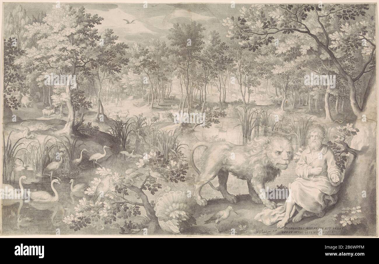 Geremia in de wildernis il profeta Geremia nel deserto. Intorno a lui diversi animali selvatici Dove: Sotto un leone. Una didascalia per l'immagine si riferisce alla profezia di Geremia 12. Produttore : printmaker: Nicolaes de Bruyn (proprietà in elenco) to design: Nicolaes de Bruyn (edificio in elenco) Editor: Peter Schenk (i) (proprietà in elenco) Luogo fabbricazione: Stampatore: Anversa Editore: Amsterdam Data: 1608 e / o 1670 - 1711 Caratteristiche Fisiche: Materiale per auto: Tecnica della carta: Engra (processo di stampa) dimensioni: Bordo della piastra b 670 mm x h 419 mm Soggetto Scene del paraurti  il libro di Geremia Foto Stock