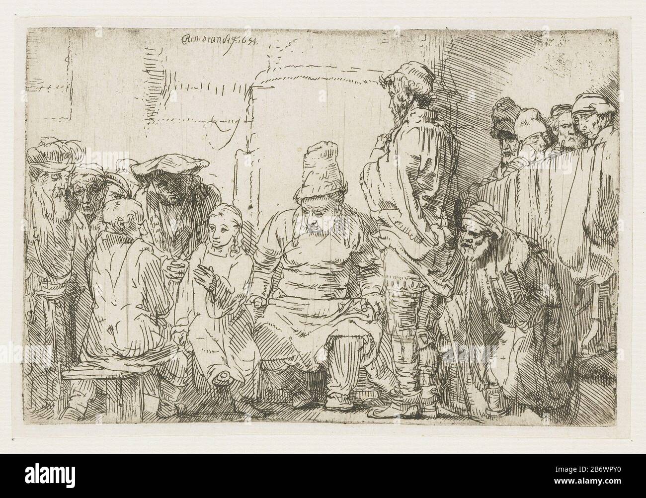 Jezus en de schriftgeleerden Jesus e le Scritture insegnavano il tipo di oggetto: Immagine numero articolo: RP-P-OB-125Catalogusreferentie: New Hollstein Dutch 281-1 (1) Bartsch 64-1 (1) 64-1 Hollstein Dutch (1) Marking / Brands : Signature and date, top center: 'Rembrandt.F.1654' collector mark , vero Lower left, timbrato: Lugt Manufacturer 240 : Il printmaker Rembrandt van Rijn (edificio storico) nella sua progettazione: Rembrandt van Rijn data: 1654 caratteristiche Fisiche: Materiale di incisione: Tecnica della carta: Dimensioni di incisione: H 95 mm × W 143 mm Oggetto: Cristo che spiega la sua dottrina Foto Stock