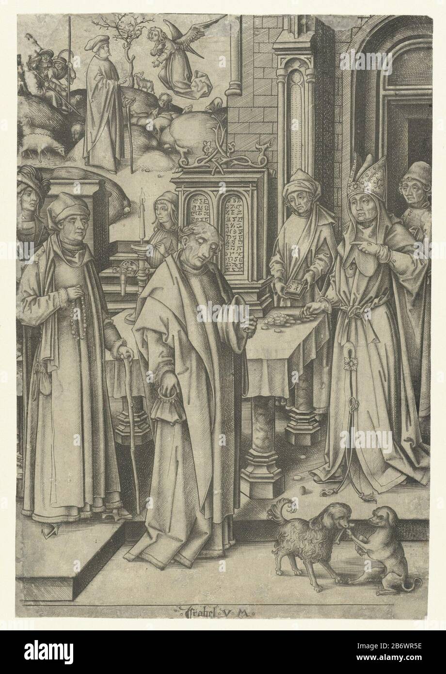 Joachims offrono wordt geweigerd Het leven van Maria (seriettel) Joachim si erge su un altare in un tempio con una borsa in una mano e il suo cappello nell'altra. Un sacerdote gli parla, lo manda via perché non ha figli. Sullo sfondo a sinistra è quello di vedere come Joachim raccontata da un angelo ottiene diventerà moglie incinta. Questa stampa fa parte di una serie di dodici stampe raffiguranti scene della vita di Maria. Produttore : stampatore: Israhel di Meckenem (proprietà in elenco) Designed by Hans Holbein (i) Fabbricazione Del Luogo: Bocholt (Germania) Data: 1455 - 1503 caratteristiche Fisiche: Materiale dell'automobile: Tecnica della carta Foto Stock