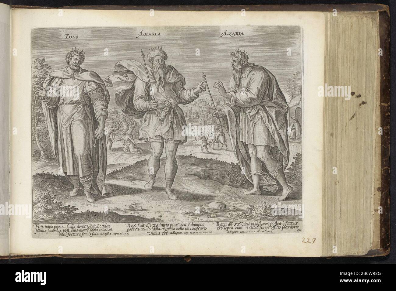 Joas, Amasja en Azarja Van de Coningen Iuda (seriettel) Koningen van Juda (seriettel) Den Grooten Figuer-Bibel (serietitel) i re Joash, Amaziah e Azaria. Sullo sfondo un certo numero di eventi importanti nella loro vita. Lasciato sullo sfondo il predecessore di Joash, la regina Athaliah, mise a morte. Al centro dello sfondo vi sarà il re ucciso Amazia a Gerusalemme a cavallo. Sullo sfondo destro c'è il re Azariah coperto da una porta. Visse in isolamento perché soffriva di lebbra. Tra le performance si citano i Bibledverses in latino. Questa stampa fa parte di un album. Foto Stock