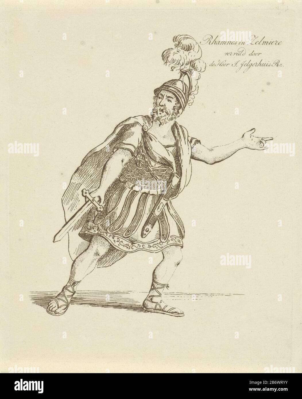 Johannes Jelgerhuis in de rol van Rhamnes Rhamnes in Zelmiere () (titel op object) Acteurs en actrices in verschillende rollen (seriettel) attore John Jelgerhuis come Rhamnes vestito come un soldato romano con casco e pesante d. Stampa da una serie di dieci con attori e attrici olandesi in diverse rollen. Produttore : produttore di stampe, John JelgerhuisPlaats fabbricante: Amsterdam Data: 1805 - 1836 caratteristiche Fisiche: Incisione in materiale marrone: Tecnica della carta: Incisione / misura del colore: Bordo della lastra: H 211 mm × W 171 mm Soggetto : attore (sul palco) Chi: John Jelgerhuis Foto Stock