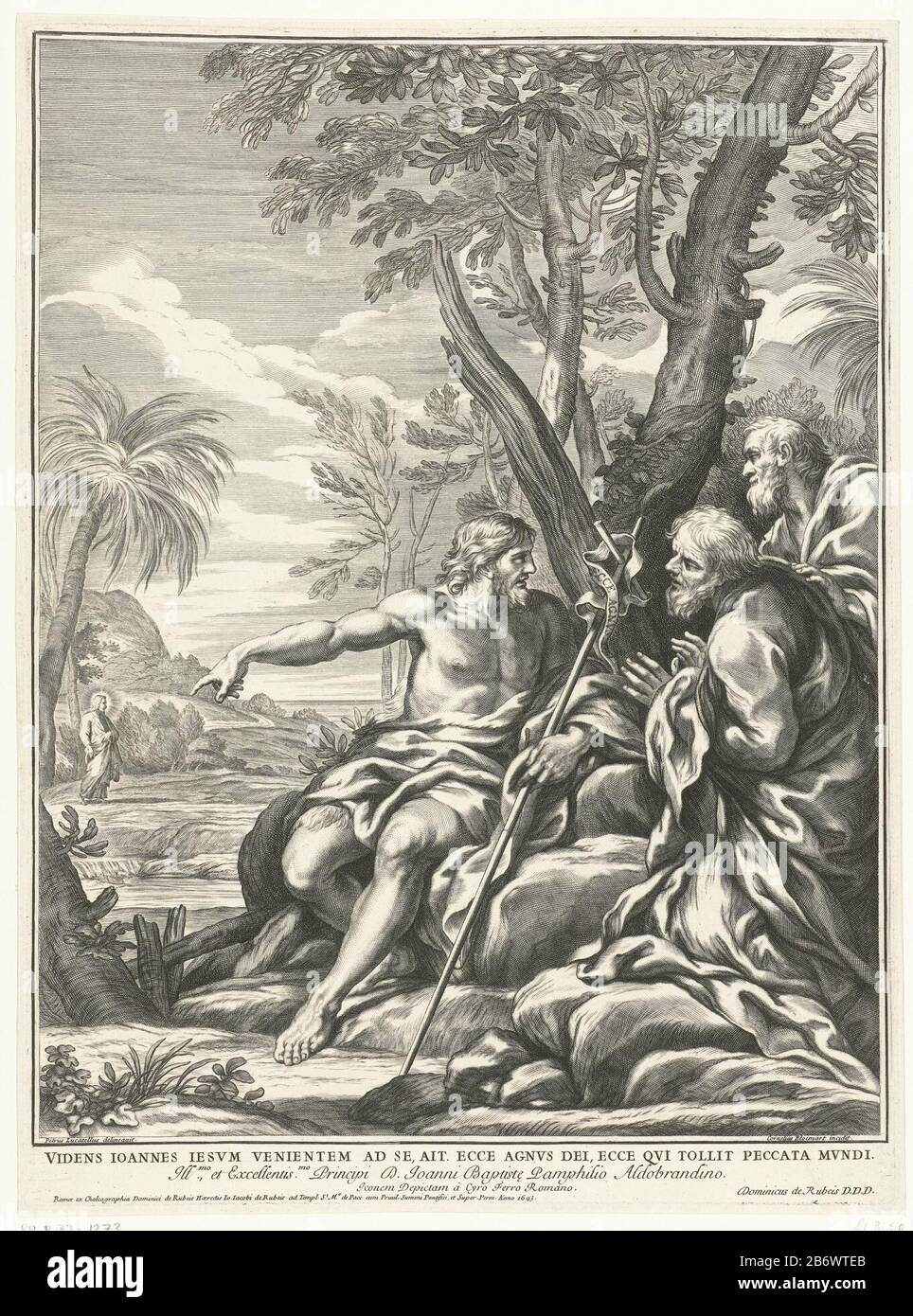 Johannes de Doper wijst zijn discpelen Christus aan John the Baptist, in mano uno staff con banner Dove: L'incantesimo 'Ecce Agnus dei', in compagnia dei suoi discepoli, Andrea e Pietro, che punta a Cristo in lontananza stat. Produttore : stampatore: Pittura a Cornelis Bloemaert (II) (proprietà in elenco) di : Ciro Ferri (indicato sull'oggetto) disegno di: Pietro Locatelli (indicato sull'oggetto) editore: Domenico de'Rossi (indicato sull'oggetto) assegnato a: (Elencato sull'oggetto) assegnato da: Domenico de'Rossi (indicato sull'oggetto) luogo fabbricazione: Roma Data: 1693 caratteristiche Fisiche: Foto Stock