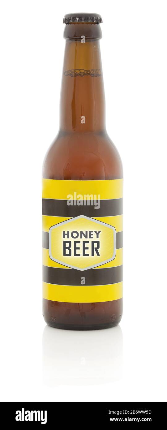 Birra al miele in bottiglia di vetro. Con design fittizio. Lager di miele in bottiglia. Isolato su sfondo bianco con riflessione ombra. Con tracciato di ritaglio (vettore) Foto Stock