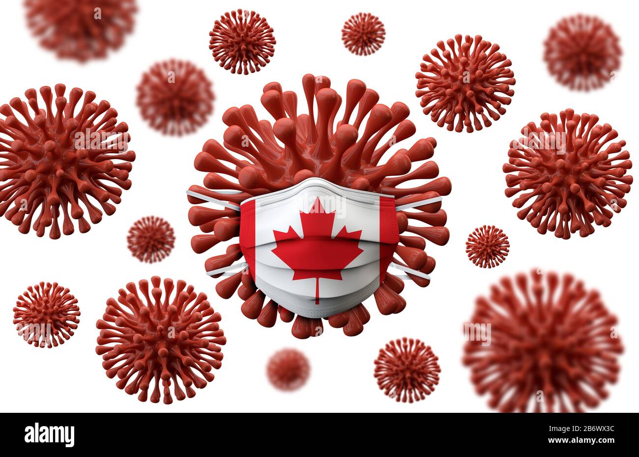 Maschera di protezione bandiera del Canada su un batterio del virus. Rappresentazione 3D Foto Stock