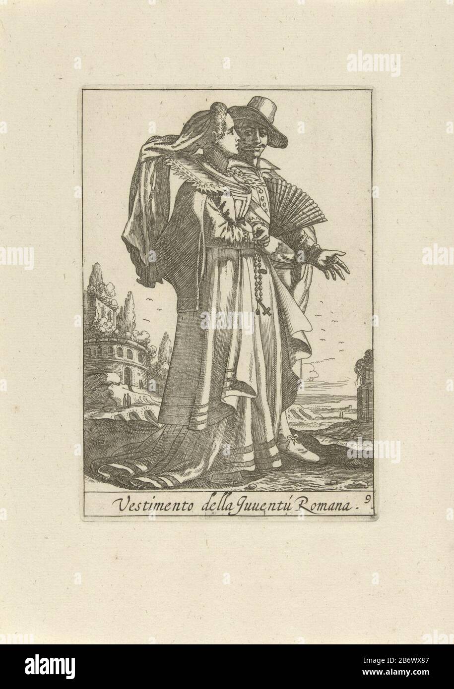 Paesaggio con una giovane coppia, vestita di moda a Roma, Italia. La coppia è in una nutshell mostrato, la donna in profilo. L'uomo è un po 'nascosto dietro la donna Dove: Solo con cappello adorna testa è visibile. La donna è vestita con un abito lungo con maniche aperte, le sue mani tiene un ventilatore e un rosario. La stampa fa parte di una serie di stampe in dodici parti con i kostuum italiani. Produttore : da stampare da Pieter Lastman Stampa autore: Anonymous publisher: Covens & Mortier Luogo produzione: Amsterdam Data: 1720 - 1772 caratteristiche Fisiche: Acquaforte materiale: Tecnica della carta: Acquaforte dimensioni: Foto Stock