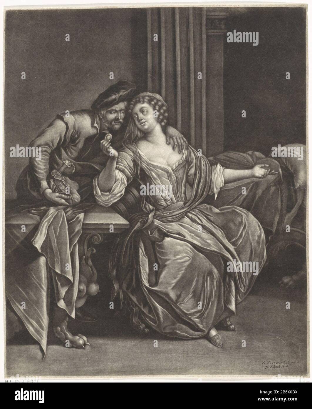 Jonge vrouw neemt geld aan van een man un uomo che offre una giovane donna con soldi dalla sua borsa, mentre un braccio intorno a lei. Sta tenendo una moneta tra di essa. Produttore : stampatore: Pieter Schenk (i) (mostrato sull'oggetto) a dipingere da: Jacob Toorenvliet (indicato sull'oggetto) Data: 1670 - 1713 caratteristiche Fisiche: Mezzotint ed engra materiale: Carta Tecnica: Mezzotint / Engra (processo di stampa) Misure: Bordo della lastra: H 377 mm × W 311 mm Oggetto: Thelbrodey Foto Stock