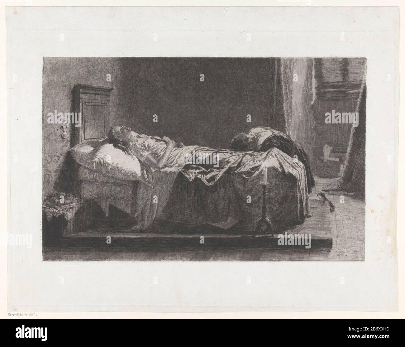 Jonge vrouw op haar sterfbed la morte della figlia del Tintoretto una giovane donna si trova sul suo letto death. Un uomo (forse l'artista Jacopo Tintoretto) si inginocchia ai piedi, la testa si chinò. A sinistra si trova un rosario che appende un'acqua Santa sul muur. Produttore : stampatore: Eleuterio Pagliano (edificio elencato) nella sua progettazione: Eleuterio PaglianoPlats prodotto: Italia Data: Dal 1861 in poi caratteristiche Fisiche: Incisione con tono su piastra Materiale collé in chine: Carta collé Tecnica: Incisione / tono dimensioni piastra: Bordo piastra: H 374 mm × W 530 mmToelichtingPrent dopo un dipinto di Eleuterio Pagliano in modalità Foto Stock