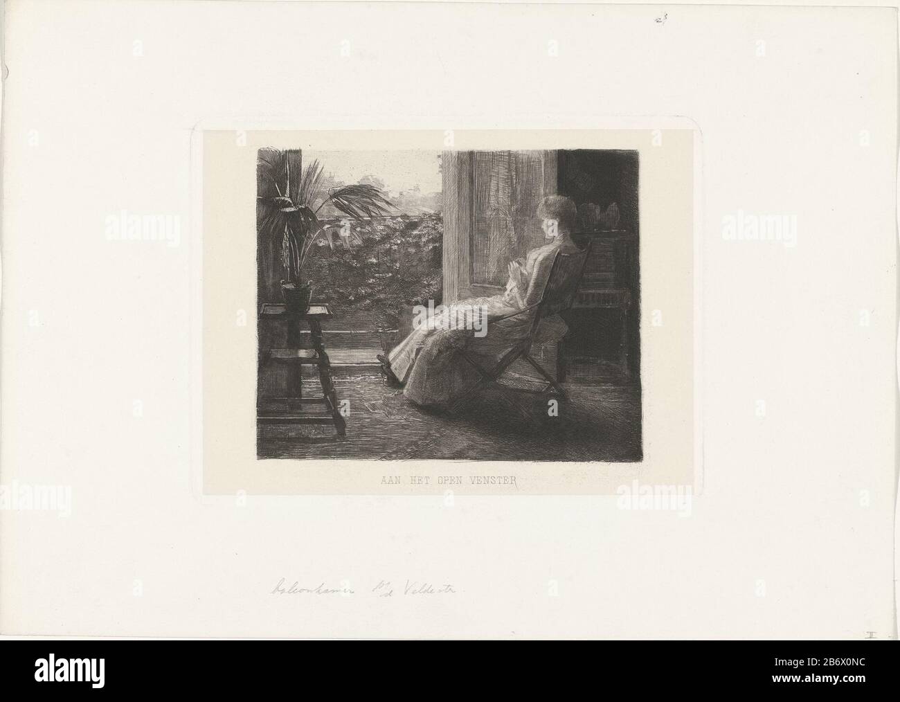 Jonge vrouw, bordurend, bij het open raam Aan het open venster una giovane donna seduta con ricamo per le porte aperte del balcone. Oltre che il suo stare su uno sgabello del gradino una pianta di kamerplant. Produttore : tipografia: Ferdinand Oldewelt Luogo di fabbricazione: I Paesi Bassi Data: 1887 caratteristiche Fisiche: Punto di attacco e punto di asciugatura a bordo del chine collé Materiale: Carta chine collé Tecnica: Incisione / punto di essiccazione misure: Bordo del piatto: H 175 mm × W 230 mmToelichtingGebruikt per : C. Vosmaer (ed.), thistle, incisione di pittori Nederlandsche, 3 parti, Amsterdam 1888, Vol II Oggetto: (Altre forme di) Foto Stock