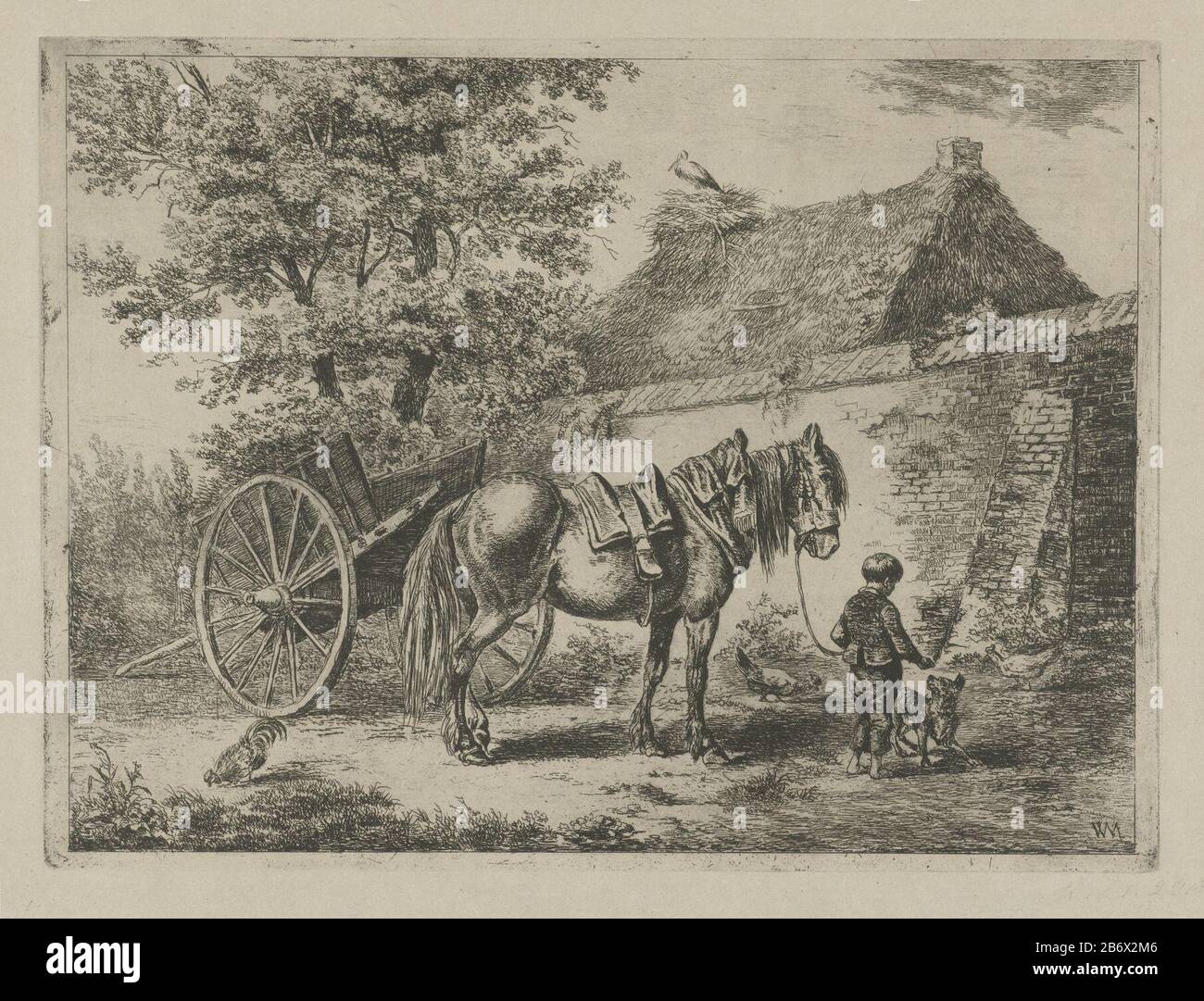 Jongen ha incontrato een paard en hond un ragazzo con un cavallo sulla briglia che gioca con un cane. Sul tetto della casa dietro il muro una oievaarsnest. Produttore : stampatore Christiaan Wilhelmus Moorrees (edificio elencato) nel suo disegno: Christiaan Wilhelmus Moorrees Luogo produzione: Paesi Bassi Data: 1811 - 1867 caratteristiche Fisiche: Materiale di incisione: Tecnica della carta: Incisione dimensioni: Bordo della piastra: H 191 mm × W 257 mm Oggetto: Crine (bambino tra bambino e giovane) cani hore-birds e uccelli da guado: Cicogna Foto Stock