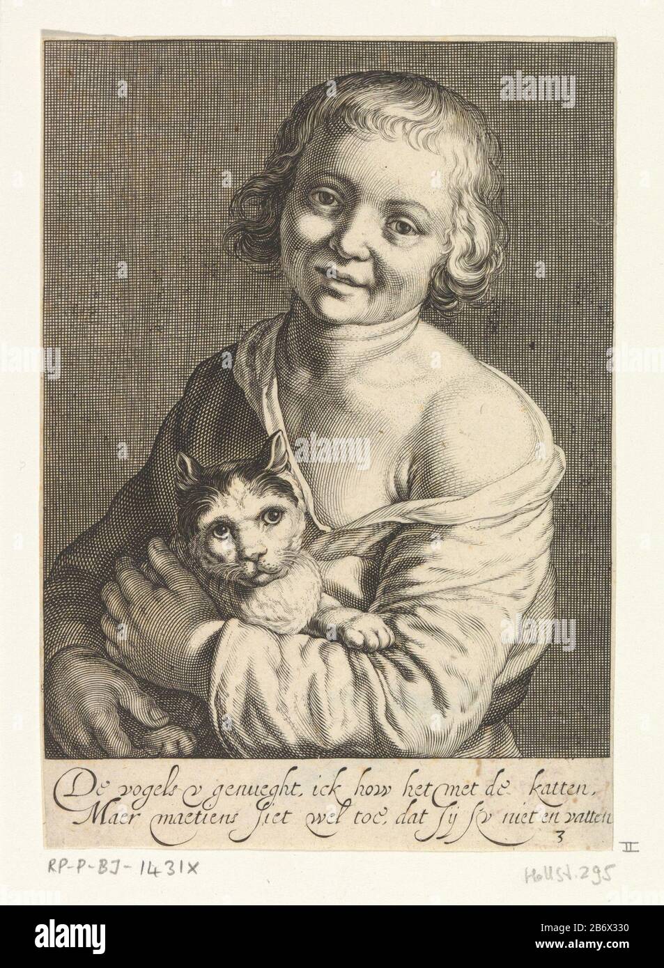 Jongen ha incontrato kat Een jongen houdt een kat in de armen, dicht tegen het lichaam aan. Met twanderegelig Nederlands onderschrift, Foto Stock