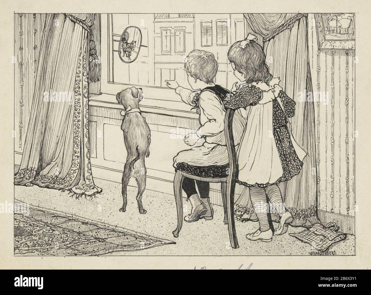 Jongen, meisje en hond bij een venster In un interno siede un ragazzo su una sedia da una finestra. Un cane si alza accanto a lui e una ragazza che si alza dietro la sedia. Il ragazzo che punta ad uno specchio all'esterno del muro, dove: In una carrozza trainata da cavalli sulla strada riflessa è. Produttore : artista: William Hardenberg (firmato personalmente) Data: 1889 - 1939 caratteristiche Fisiche: Penna in inchiostro indiano, lavori di spruzzo, matita e correzioni bianco dekverf Materiale: Carta inchiostro indiano copertina tecnologia di rivestimento: Penna / pennello / matita / spruzzo dimensioni di lavoro: H 177 mm × W 243 mm Oggetto: interno del housechilddo Foto Stock