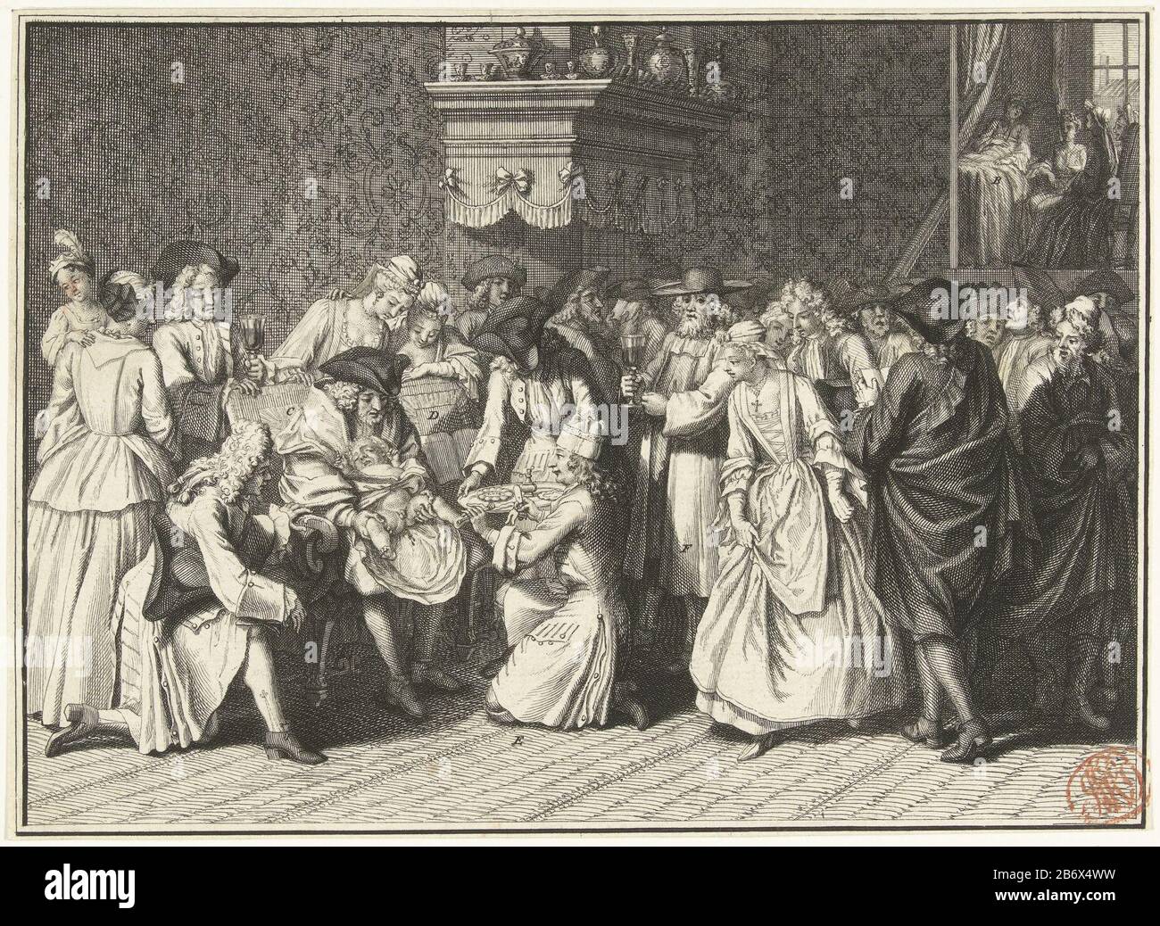 Joodse besnijdenis, circa 1720-1725 La circoncisione (brit mila o berit milah) di un ragazzino in una famiglia ebraica, ca. 1720-1725. Parte di una serie di gebruiken religiosi. Illustrazioni del produttore: Stampatore: Bernard Picart (attribuito a) Luogo di produzione: Nord Paesi Bassi Data: 1720 - 1725 Caratteristiche Fisiche: Incisione ed engra materiale: Carta Tecnica: Incisione / engra (processo di stampa) dimensioni: Foglio: H 153 mm × W 210 mmToelichtingGebruikt come illustrazione: A. Moubach, Naaukeurige Beschry di fronte al dovere esterno, al morale della chiesa e alle gewoontens di tutti i popoli della camerelda: Un ciao Foto Stock