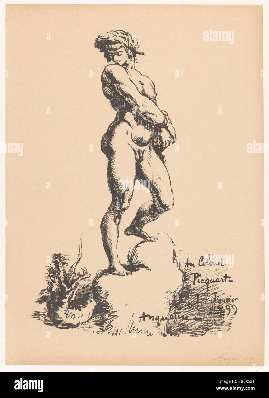 Questa litografia è stata creata come tributo al colonnello Georges Picquart che, come capo del servizio di intelligence dell'esercito francese, ha scoperto che la frode è stata commessa nel caso Alfred Dreyfus. Mentre continuò la sua ricerca, fu sollevato dai suoi doveri nel 1898 e inviato a Tunisi. Anquetin dipinse Picquart come un eroe impotente (Saint Georges), che non può sconfiggere il drago perché egli vastgebonden. Produttore : stampatore Louis anquetin (proprietà in elenco) assegnato a: Georges Picquart (proprietà in elenco) Luogo di produzione: Parigi Data: 1899 Materiale: Carta tecnica: Litografia (tecnica) dimensioni: Foto Stock