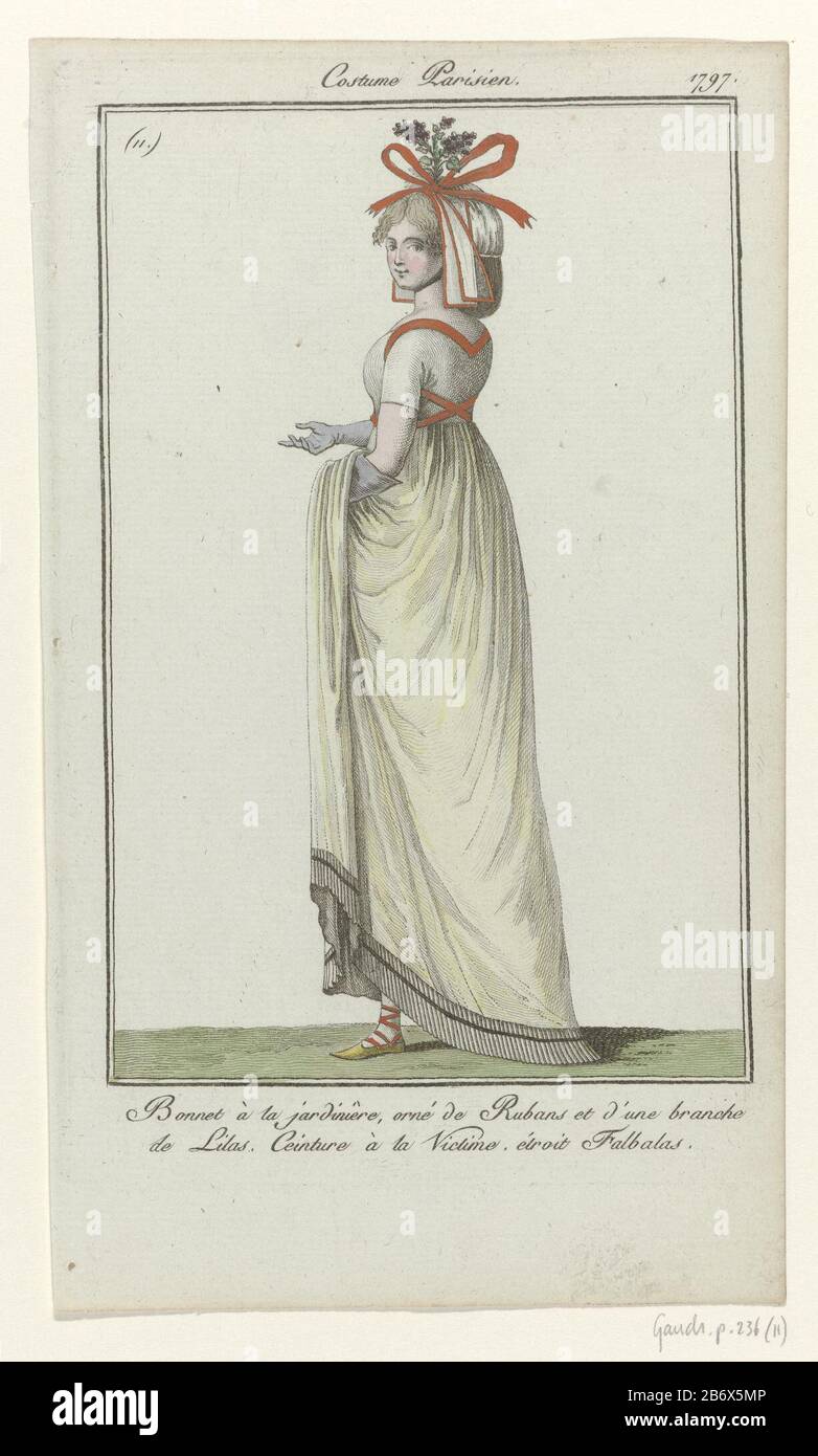 'Bonnet à la Jardiniere 'cappello grande decorato con nastri e un carro di fiori lilla. Abito con maniche corte e 'Ceinture à la Victime' è caduto alle strette strisce pieghettate di orlo (Falbalas). Ulteriori accessori: Guanti lunghi, calze, scarpe con nastri incrociati e punte. La foto fa parte della rivista di moda Journal des Dames et des Modes, a cura di Sellèque, Parigi, 1797-1839. Produttore : printmaker: Anonymous publisher: Sellèqueuitgever: Pierre de la MésangèrePlats manufacturing: Paris Data: 1797 caratteristiche Fisiche: Engra, materiale colorato a mano : carta Tecnica: Engra (p Foto Stock
