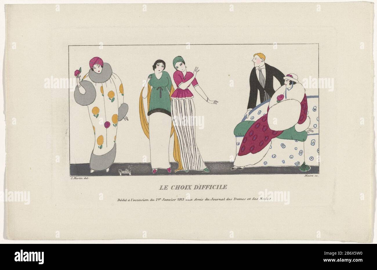 Journal des Dames et des Modes, 1er Janvier 1913 le Choix difficile Tre manichini mostrano vestiti per un cliente e un fornitore. Secondo la leggenda, è una scelta difficile per il cliente. Stampa la rivista di moda Journal des Dames et des Modes (1912-1914). Stampa la rivista di moda Journal des Dames et des Modes (1912-1914) . Produttore : stampatore: Maire (proprietà elencata) a disegno: Charles Martin (edificio elencato) Datato: 1913 caratteristiche Fisiche: Engra, con modelli e materiale colorato a mano : tecnica della carta: Engra (processo di stampa) / pochoir / misure mano-colore: P Foto Stock