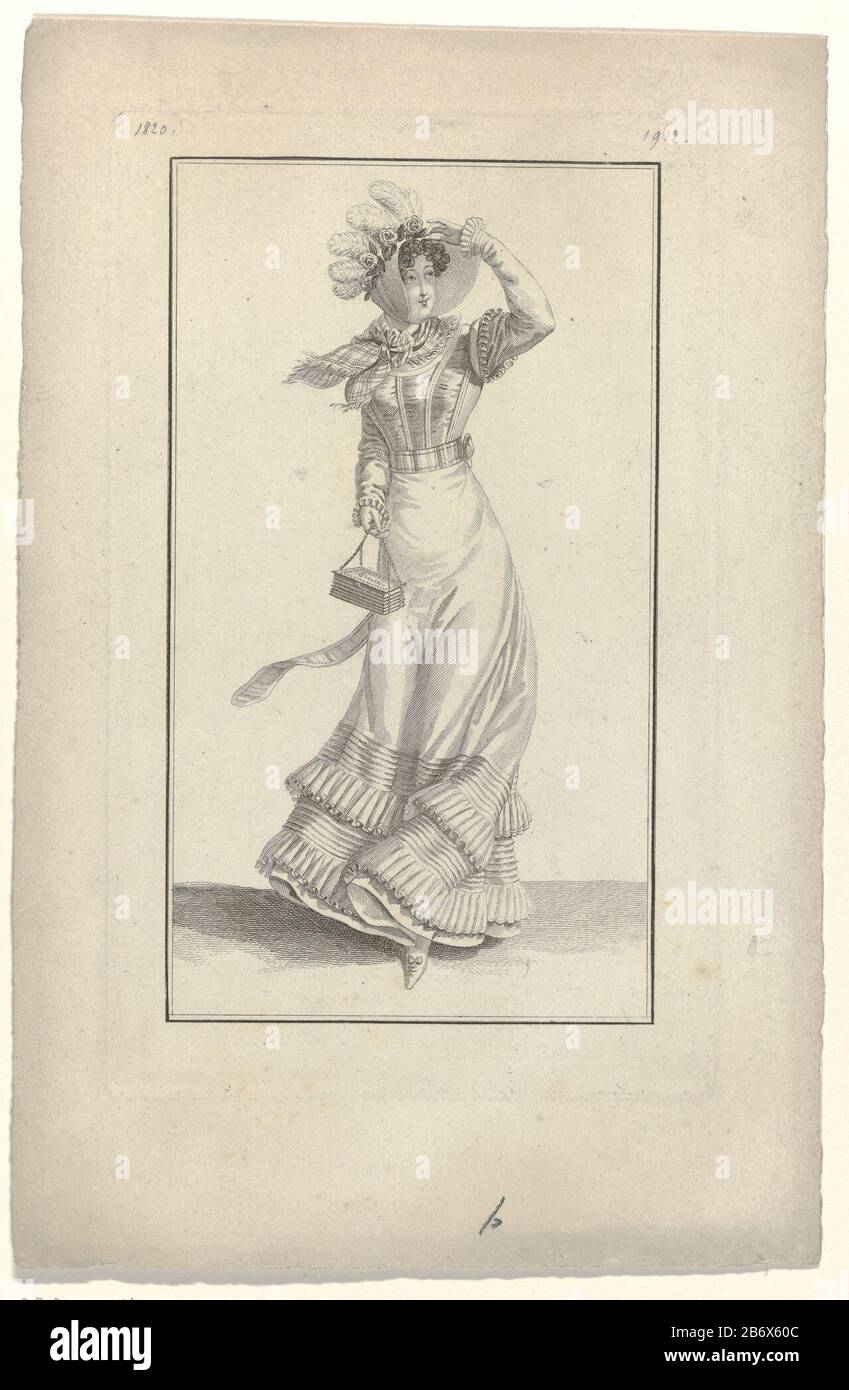 Journal des Dames et des Modes, Costume Parisien, 10 juillet 1820 (1912) Donna con cappello a baldacchino 'paille d'Italie', decorata con fiori e piume marabou. Indossa un abito di cotone percale (percentale), con un corpo di mussola shirred. La gonna è in fondo decorata con strisce di mussola e remplis. Ulteriori accessori: Fichu frangiato a scacchi, cintura a righe, reticolo (sacchetto), scarpa con arco (?). Prova di una foto della rivista di moda Journal des Dames et des Modes, pubblicata da Pierre de la Mésangère, Parigi, 1797-1839. Produttore : printmaker: Editore anonimo: Pierre de la Mésangèr Foto Stock