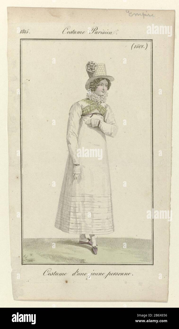 Giovane donna che corre a destra, in un abito con colletto a pieghe, maniche lunghe e vita alta . Fichu a scacchi attraversato sul petto. Accessori: Cappello con increspatura, fibbia cintura, bracciali con fermagli per entrambi i polsi, scarpe piatte con piedi quadrati e archi. Secondo la didascalia, questo costume per un giovane. L'immagine fa parte della rivista di moda Journal des Dames et des Modes, pubblicata da Pierre de la Mésangère, Parigi, 1797-1839. Produttore : printmaker: Pierre Charles Baquoy (proprietà in elenco) a disegnare: Horace Vernet (oggetto elencato ), editore: Pierre de la MésangèrePlaats Foto Stock