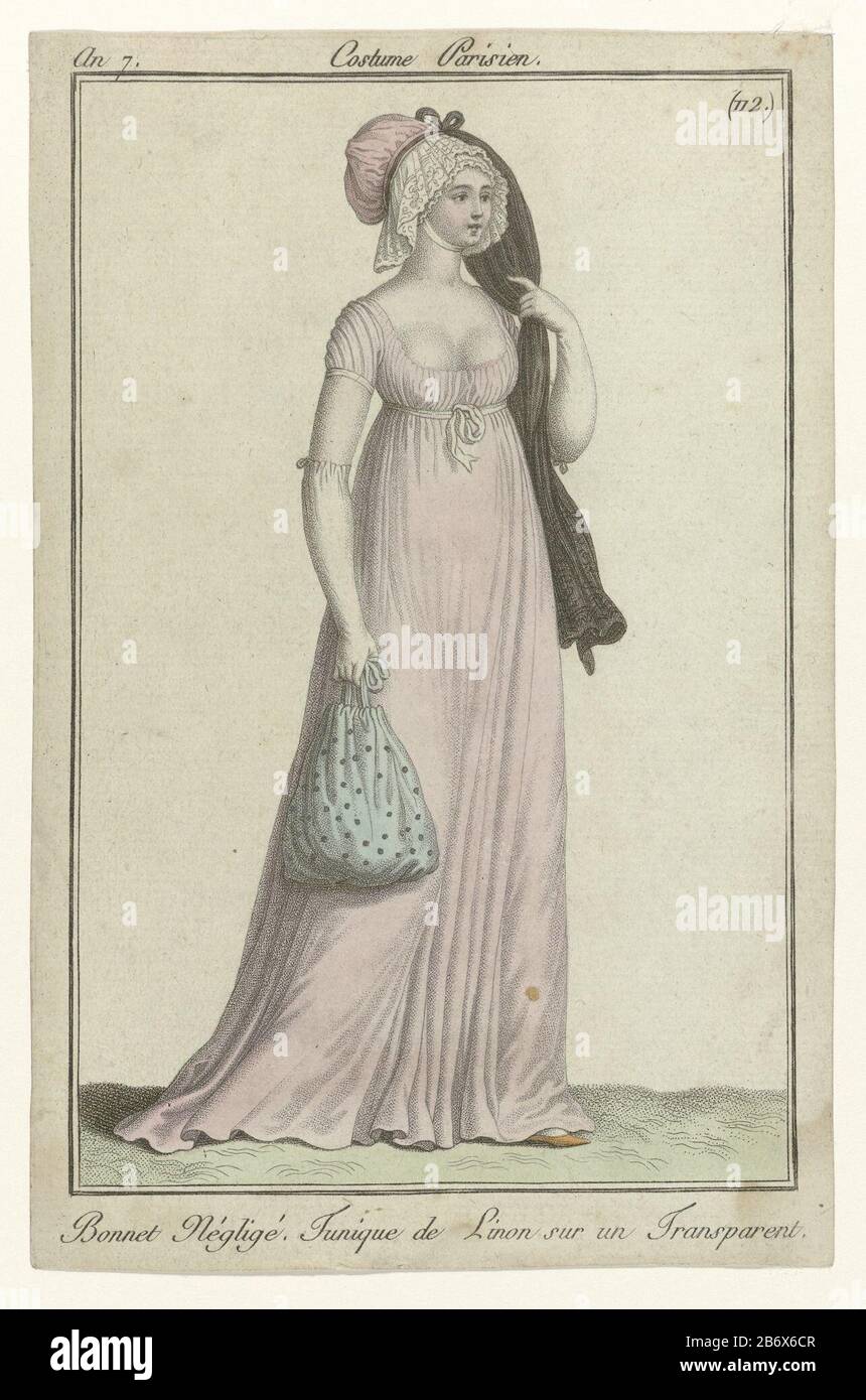'Cofano Negligee 'cappello con velo. Tunica di lino Su un 'Trasparente' (petticoat). Altri accessori: Cintura, guanti lunghi, custodia punteggiata, scarpe piatte con punta (?). La foto fa parte della rivista di moda Journal des Dames et des Modes, a cura di Sellèque, Parigi, 1797-1839. Produttore : printmaker: Anonymous publisher: Sellèqueuitgever: Pierre de la MésangèrePlats manufacturing: Paris Data: 1799 caratteristiche Fisiche: Engra, materiale colorato a mano : tecnica della carta: Engra (processo di stampa) / misure colore della mano: Foglio: H 176 mm × W 114 mm Soggetto: Piastre moda testa-ingranaggio: Cappuccio (+ donna' Foto Stock