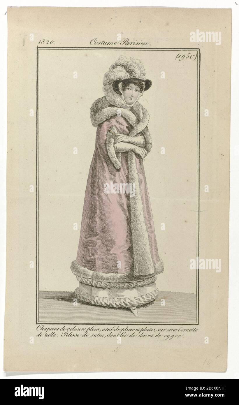 Donna che indossa una pelisse 'statin, fiancheggiata da oca giù. Alla testa di un cappello velluto nudo adornato di piume su un tulle cornette. Ulteriori accessori: Guanti lunghi, ventilatore, scarpe con arco. L'immagine fa parte della rivista di moda Journal des Dames et des Modes, pubblicata da Pierre de la Mésangère, Parigi, 1797-1839. Produttore : stampatore: Anonimo editore: Pierre de la MésangèrePlats fabbricante: Parigi Data: 1820 caratteristiche Fisiche: Engra, materiale colorato a mano: Tecnica della carta: Engra (processo di stampa) / misure del colore della mano: Bordo della lastra: H 177 mm × W 110 mm Oggetto: Lastre di moda s Foto Stock