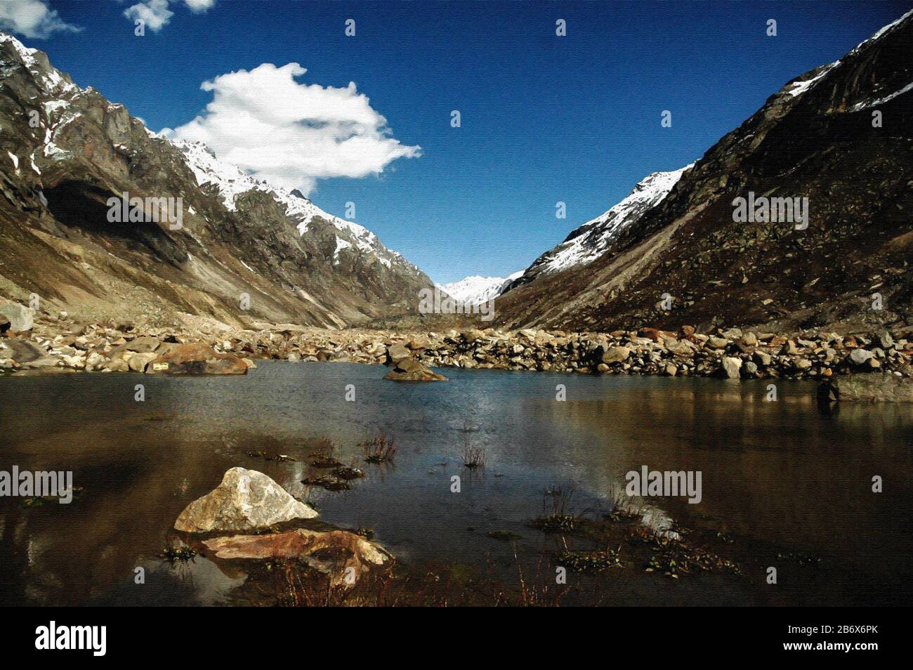 Pittura digitale: Himalayan Ranges a Batal-0322 Dipinti digitali di Belle catene innevate Himalayan a Batal, spiti, Himachal Pradesh, India Foto Stock