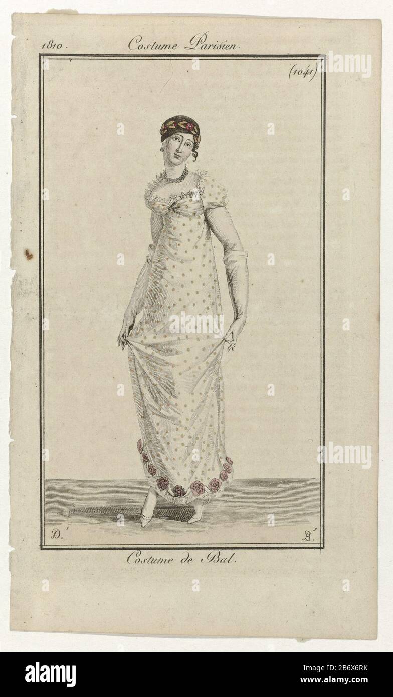 Donna danzante vestita in costume per una palla. Indossa un abito a palla con motivo pois polka, l'orlo decorato con fiori. Maniche a puff brevi e collare zigrinato verticale. Accessori: Diadem, auricolare nell'orecchio destro, collana, guanti lunghi, scarpe piatte. L'immagine fa parte della rivista di moda Journal des Dames et des Modes, pubblicata da Pierre de la Mésangère, Parigi, 1797-1839. Produttore : stampatore: Pierre Charles Baquoy (proprietà elencata) a disegnare: Martial Deny (oggetto elencato), editore: Pierre de la MésangèrePlaats fabbricante: Paris Data: 1810 caratteristiche Fisiche: Engra, Foto Stock