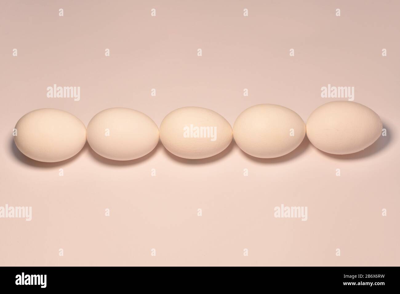Una linea orizzontale al centro delle uova ovali di pollo allineate da una catena in un letto colore rosa pesca. Foto Stock