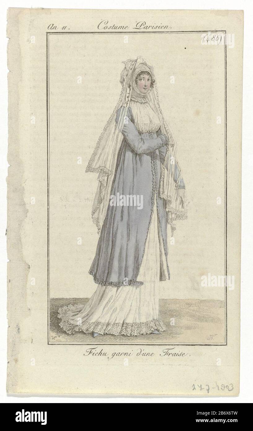 Journal des Dames et des Modes, Costume Parisien, 24 juillet 1803, An 11, (486) Fichu garni d'une Fraise Woman con un fichu intorno al suo collo adornato con una fraise. Indossa una tunica con maniche lunghe sotto un vestito (?) treno, rifilato con una striscia di tessuto stropicciato. Sulla testa un cappello con velo. L'immagine fa parte della rivista di moda Journal des Dames et des Modes, pubblicata da Pierre de la Mésangère, Parigi, 1797-1839. Produttore : printmaker: Pierre Charles Baquoy (listed property) to drawing: Carle Vernet (listed object ), editore: Pierre de la MésangèrePlaats manufactured: Paris Date: Foto Stock