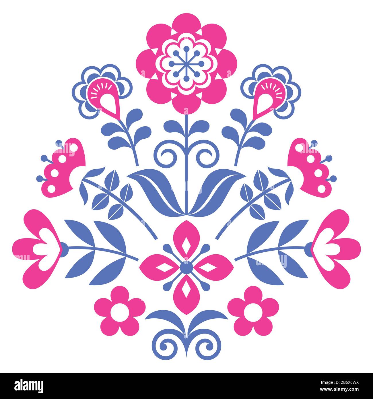 Motivi floreali scandinavi arte popolare vettoriale, Nordic cute vettore saluto vettore disegno con fiori, decorazione della natura ispirata dall'arte tradizionale Illustrazione Vettoriale