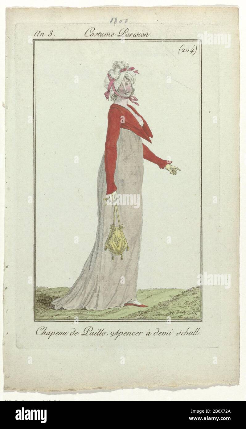 Journal des Dames et des Modes, Costume Parisien, 31 mars 1800, Un 8 (204) Chapeau de Paill () cappello di paglia decorato con nastri e piume di struzzo. 'Spenser à demi scale' in una ghown con treno. Altri accessori: Guanti, reticolo con ricamo e nappine, scarpe piatte con punta. L'immagine fa parte della rivista di moda Journal des Dames et des Modes, pubblicata da Pierre de la Mésangère, Parigi, 1797-1839. Produttore : printmaker: Anonymous publisher: Pierre de la MésangèrePlats manufacturing: Paris Data: 1800 caratteristiche Fisiche: Engra, materiale colorato a mano: Paper Technique: Engr Foto Stock