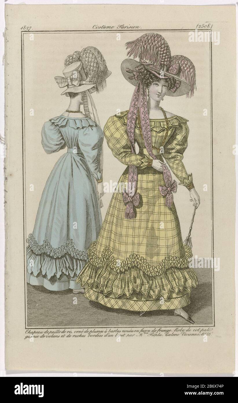 Journal des Dames et des Modes, Costume Parisien, 5 juin 1827, (2508)  Chapeaux de paill () Due donne, di cui: Una vista da dietro, vestita di  abiti 'cot-pali' adorna di balze e