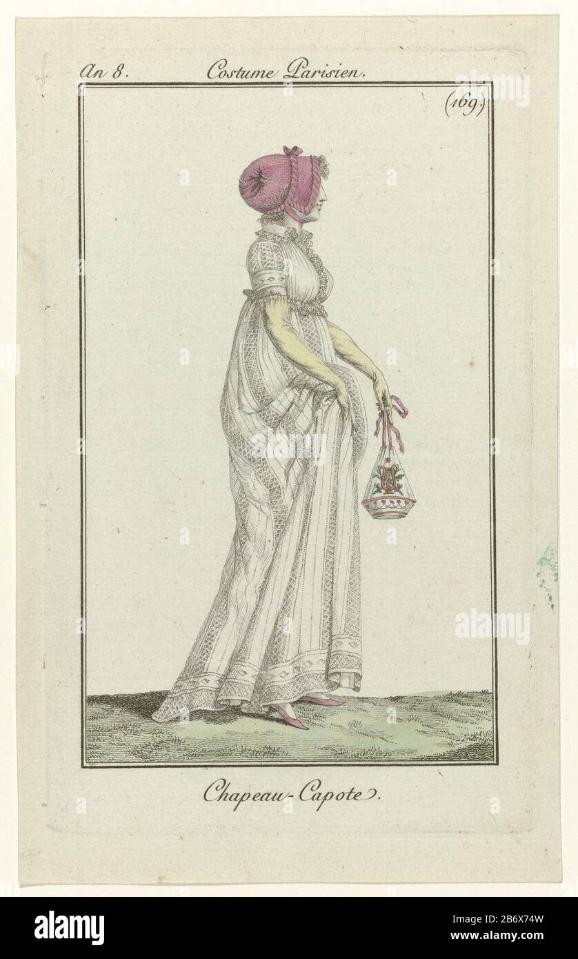 Journal des Dames et des Modes, Costume Parisien, 6 novembre 1799, An 8 (169) Chapeau - Capote 'Chapeau-Capote'. Canezou in un abito a righe con maniche corte. Il reticolo sinistro con una decorazione di arpa e foglie. Altri accessori: Guanti lunghi, scarpe piatte con punte. L'immagine fa parte della rivista di moda Journal des Dames et des Modes, pubblicata da Pierre de la Mésangère, Parigi, 1797-1839. Produttore : printmaker: Anonymous publisher: Pierre de la MésangèrePlats manufacturing: Paris Data: 1799 caratteristiche Fisiche: Engra, materiale colorato a mano: Paper Technique: Engra (printin Foto Stock