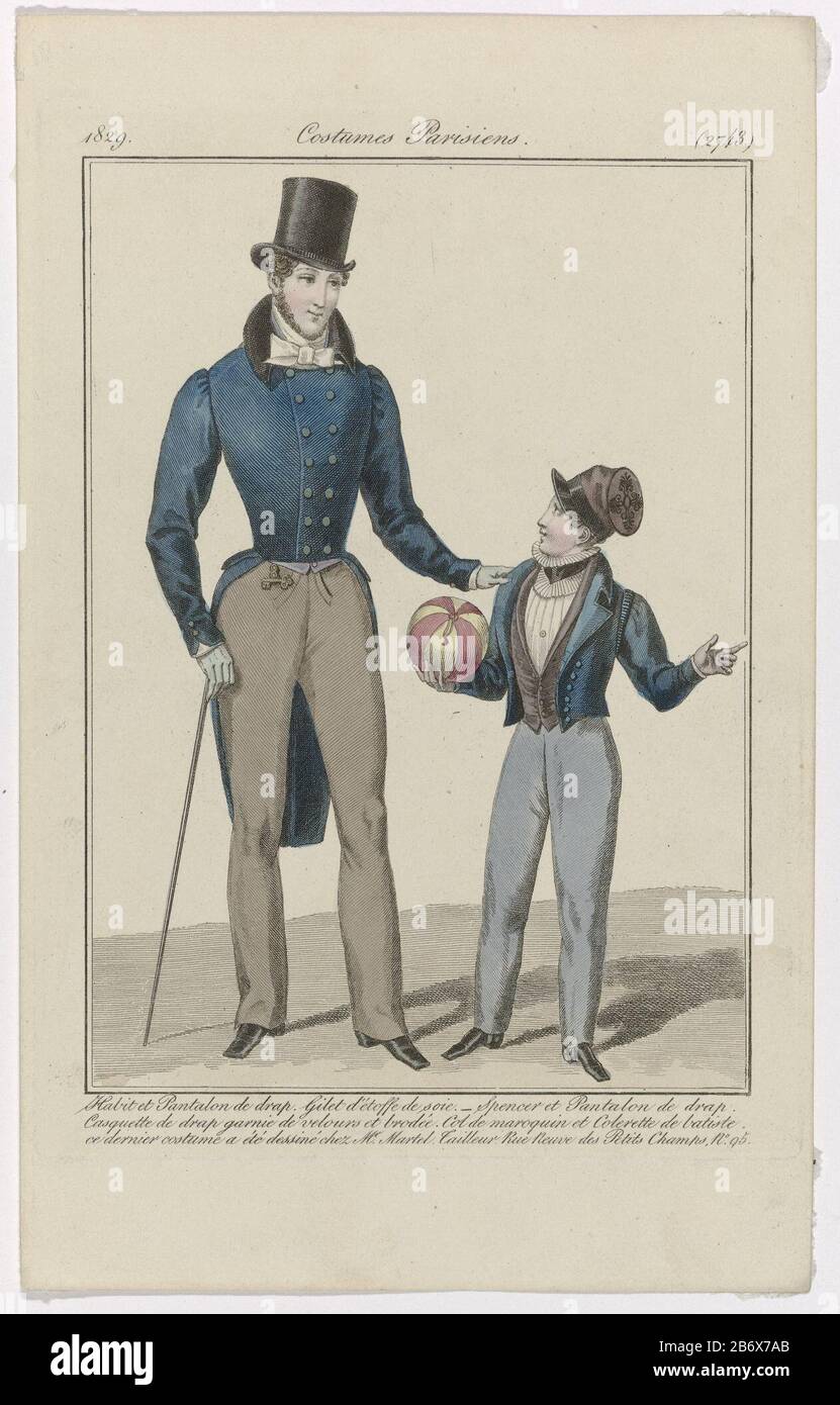 Journal des Dames et des Modes, Costumi Parisiens, 15 novembre 1829, (2743)  Habit et Pantalon de drap () uomo in un 'abito' e pantaloni di stoffa.  Gilet seta. cravat annodato. Accessori: Cappello