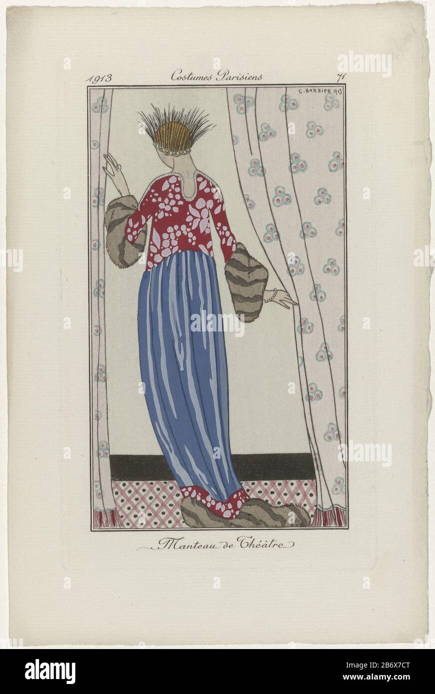 Femmina , visto dalla parte posteriore, rivestito in una giacca per nel teatro. Fascia con molle di ritegno. Stampa la rivista di moda Journal des Dames et des Modes (1912-1914) . Produttore : a disegno: George Barbier (edificio elencato) stampatore: Anonimo Data: 1913 caratteristiche Fisiche: Engra, con modelli e materiale colorato a mano: Carta Tecnica: Pochoir / engra (processo di stampa) / misurazioni a mano-colore: Bordo della lastra: H 178 mm × W 109 mm Oggetto: moda piatti cappotto (+ abbigliamento donna) diadem, tiara (+ abbigliamento donna) diadem, tiara (+ piume utilizzati per i vestiti) tenda dove: 1913 - 1913 Foto Stock